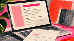Online courses on a resume shown through a vibrant pastel-media workspace with a laptop, resume page, books and bold hand-drawn textures.