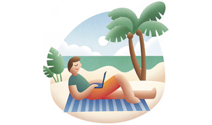 um cara deitado na praia e trabalhando