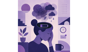 Minimalist purple illustration symbolizing burnout, featuring a weary figure, a low battery icon, and abstract storm clouds to represent emotional exhaustion and workplace stress.