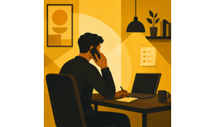 Man preparing for a phone interview with notes and a laptop, illustrating tips on how to ace a phone interview and succeed in a job interview