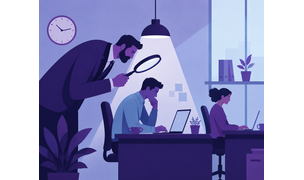 Illustration of a manager closely monitoring employees in an office, representing micromanagement in the workplace and its impact on employee productivity and morale.