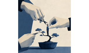 Oversized hands trim and pinch a tiny person standing on a bonsai-like tree, symbolizing the excessive control of micromanagement in muted blues and greys.