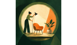 A person adjusts a studio lamp beside an orange chair and leafy plant, creating a polished setup for Zoom interview tips inside a green circular spotlight.
