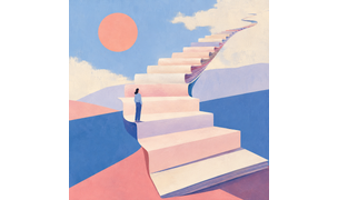 A person stands on a rising staircase made of layered pages, symbolizing the structured progression of a reverse chronological resume in soft pastel blues and pinks.