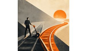 A person pulls a railway switch from a grey track to a bright orange path, symbolizing a career change guide and the choice to move toward a new direction.