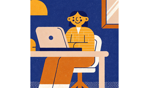 Person sitting in front of laptop, smiling.