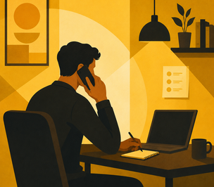 Man preparing for a phone interview with notes and a laptop, illustrating tips on how to ace a phone interview and succeed in a job interview Man preparing for a phone interview with notes and a laptop, illustrating tips on how to ace a phone interview and succeed in a job interview