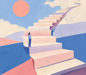 A person stands on a rising staircase made of layered pages, symbolizing the structured progression of a reverse chronological resume in soft pastel blues and pinks.