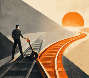 A person pulls a railway switch from a grey track to a bright orange path, symbolizing a career change guide and the choice to move toward a new direction.