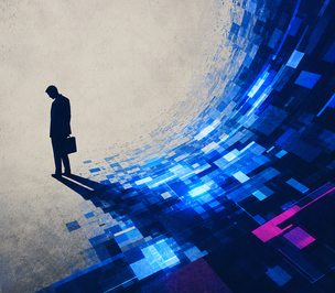 A lone worker stands as a wave of glowing digital tiles overtakes the ground beneath them, symbolizing AI job displacement.