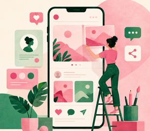 Social media jobs represented by a graphic designer creating content around an oversized smartphone, using playful pink and green editorial illustrations and social media icons. Social media jobs represented by a graphic designer creating content around an oversized smartphone, using playful pink and green editorial illustrations and social media icons.