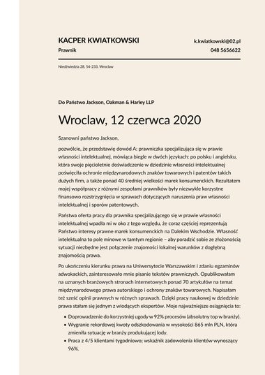 Nowoczesny wzór listu motywacyjnego Half Tone