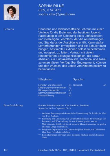 Eine spalte Lebenslauf-Vorlagen Aussage