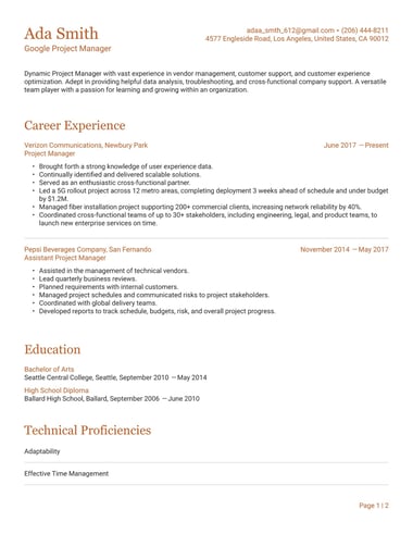 One column resume template Precision ATS