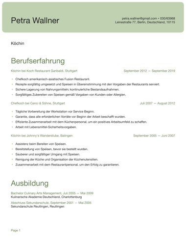 Eine spalte Lebenslauf-Vorlagen Kopfzeile ATS