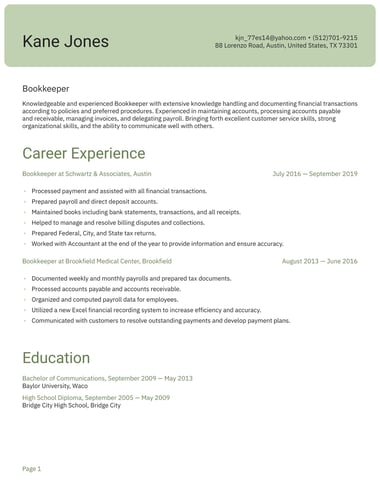 One column resume template Header ATS