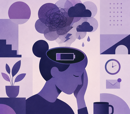 Minimalist purple illustration symbolizing burnout, featuring a weary figure, a low battery icon, and abstract storm clouds to represent emotional exhaustion and workplace stress. Minimalist purple illustration symbolizing burnout, featuring a weary figure, a low battery icon, and abstract storm clouds to represent emotional exhaustion and workplace stress.
