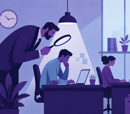Illustration of a manager closely monitoring employees in an office, representing micromanagement in the workplace and its impact on employee productivity and morale. Illustration of a manager closely monitoring employees in an office, representing micromanagement in the workplace and its impact on employee productivity and morale.
