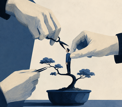 Oversized hands trim and pinch a tiny person standing on a bonsai-like tree, symbolizing the excessive control of micromanagement in muted blues and greys.