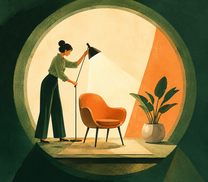 A person adjusts a studio lamp beside an orange chair and leafy plant, creating a polished setup for Zoom interview tips inside a green circular spotlight. A person adjusts a studio lamp beside an orange chair and leafy plant, creating a polished setup for Zoom interview tips inside a green circular spotlight.