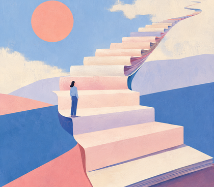 A person stands on a rising staircase made of layered pages, symbolizing the structured progression of a reverse chronological resume in soft pastel blues and pinks.