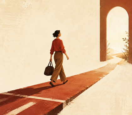 A woman carries a bag along a red path toward an open doorway, symbolizing how to quit a job you just started and move on professionally. A woman carries a bag along a red path toward an open doorway, symbolizing how to quit a job you just started and move on professionally.