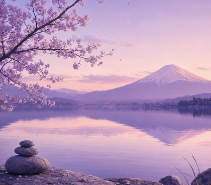 Peaceful lilac-toned lake beneath cherry blossom branches, with distant Japanese mountains reflected in the still water and stacked Zen stones in the foreground. Peaceful lilac-toned lake beneath cherry blossom branches, with distant Japanese mountains reflected in the still water and stacked Zen stones in the foreground.