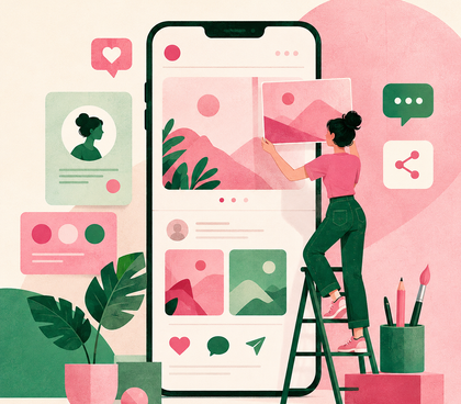 Social media jobs represented by a graphic designer creating content around an oversized smartphone, using playful pink and green editorial illustrations and social media icons. Social media jobs represented by a graphic designer creating content around an oversized smartphone, using playful pink and green editorial illustrations and social media icons.