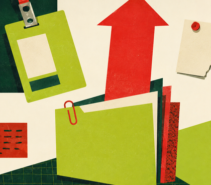 How to get a promotion, shown through a bold editorial collage of office folders, documents and an upward red arrow in brat green and apple red. How to get a promotion, shown through a bold editorial collage of office folders, documents and an upward red arrow in brat green and apple red.