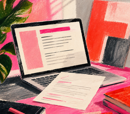 Online courses on a resume shown through a vibrant pastel-media workspace with a laptop, resume page, books and bold hand-drawn textures.
