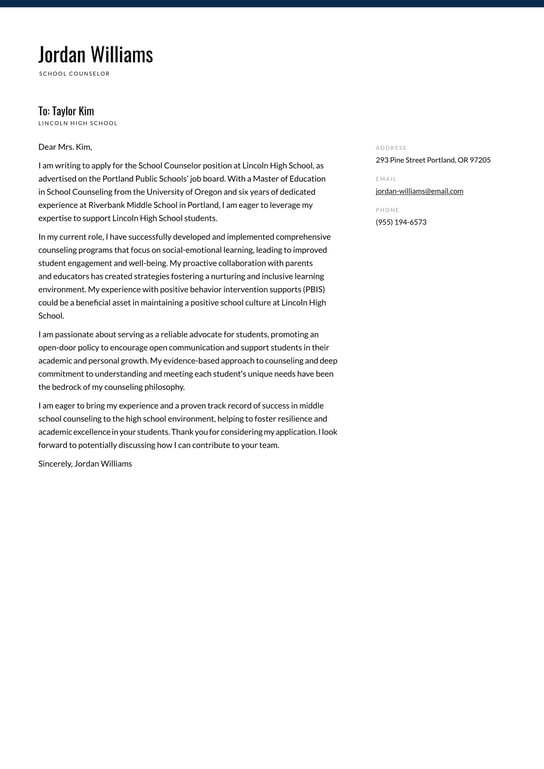 School Counselor cover letter example