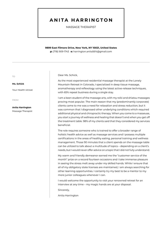 Massage Therapist cover letter example