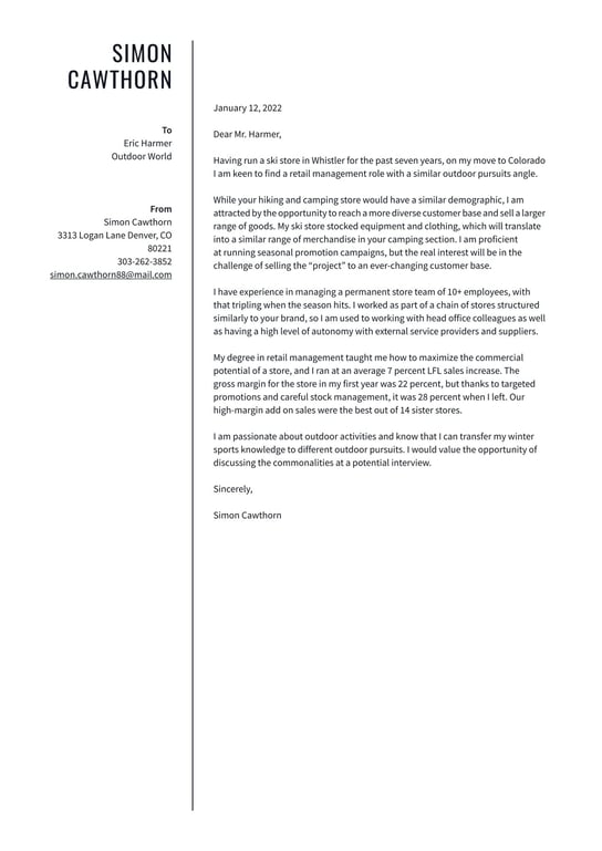Store Manager cover letter example
