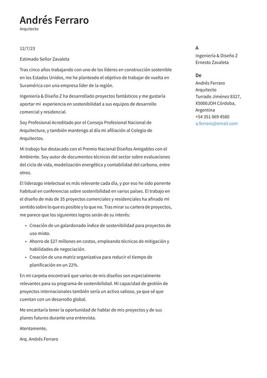 Ejemplo de cartas de presentación de Arquitecto