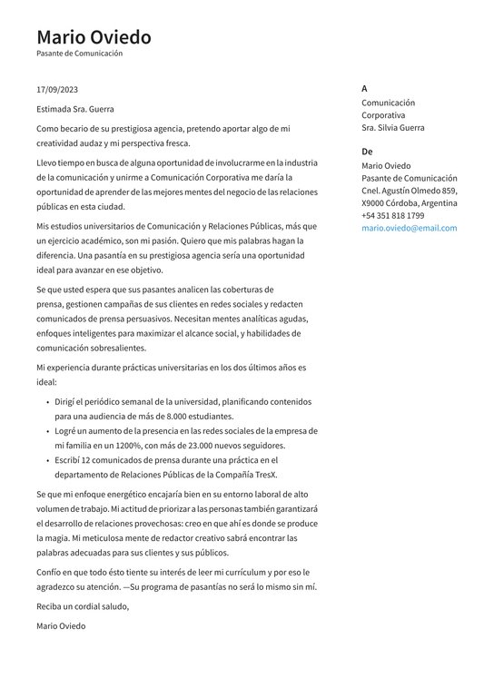 Ejemplo de cartas de presentación de Pasantía