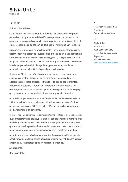 Ejemplo de cartas de presentación de Veterinario