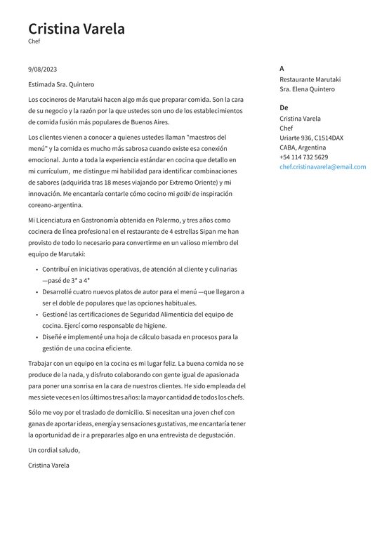 Ejemplo de cartas de presentación de Cocinero