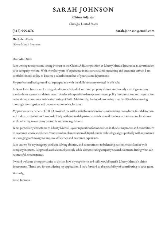Claims Adjuster cover letter example