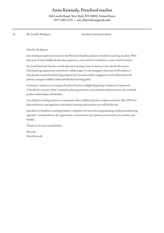 Preschool Teacher cover letter example