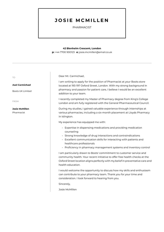 Pharmacist cover letter example