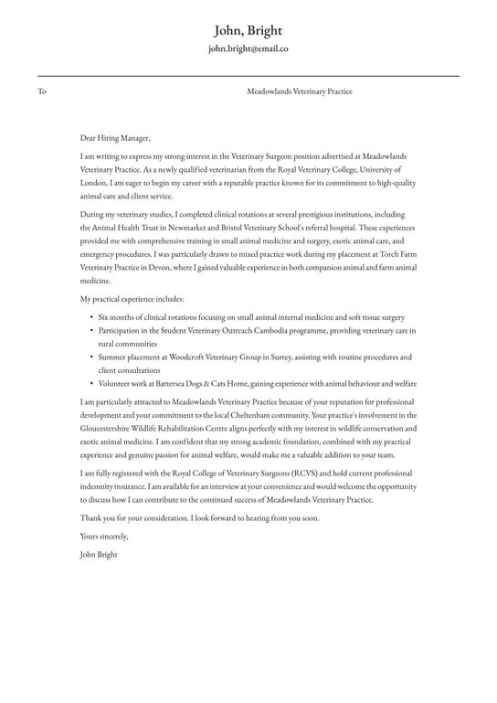 Veterinary cover letter example