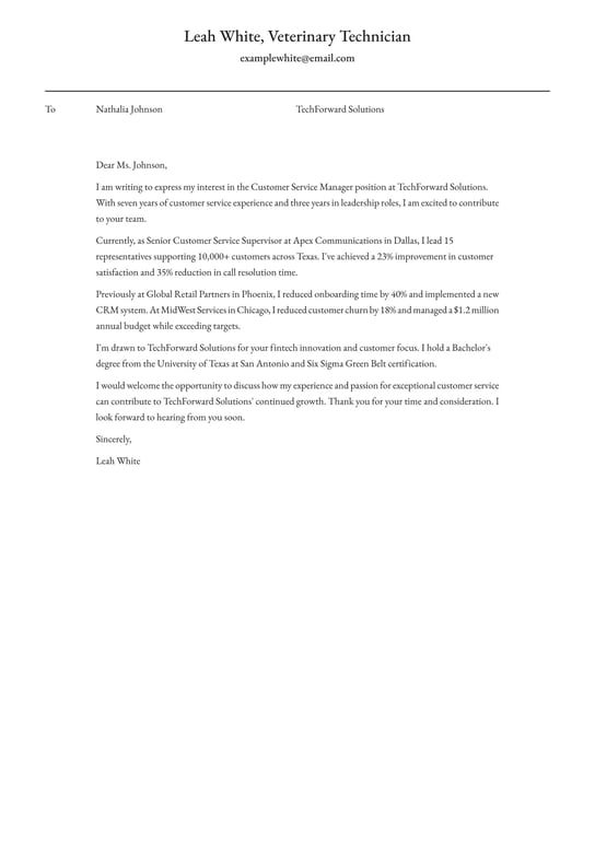 Customer service manager  cover letter example