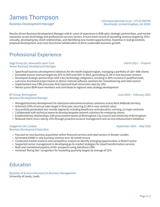 Business Development Manager CV Examples & UK Templates