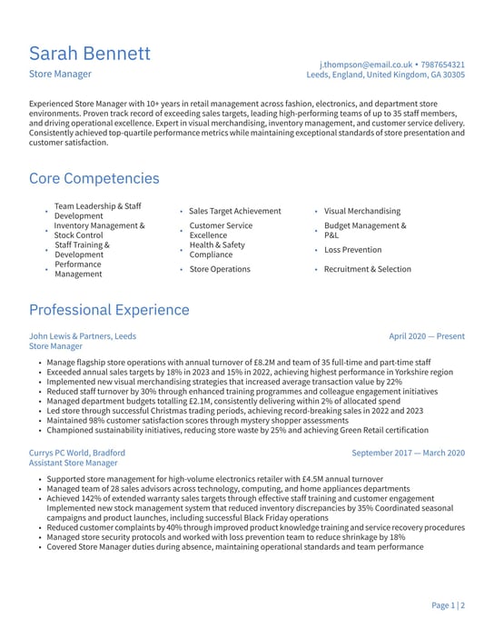 Store Manager CV Examples & UK Templates