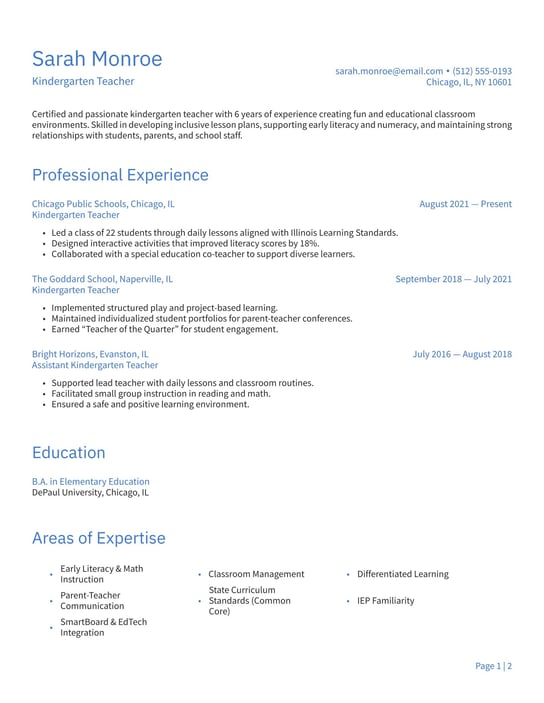 Kindergarten teacher resume examples & templates