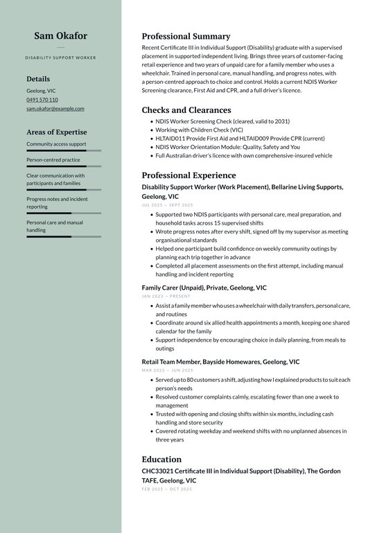 Disability Support Worker resume examples & templates