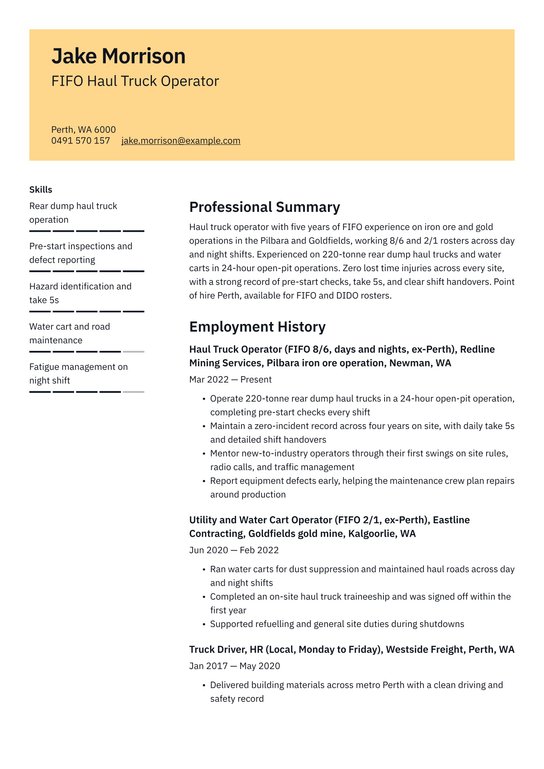 FIFO Worker (Australia) resume examples & templates