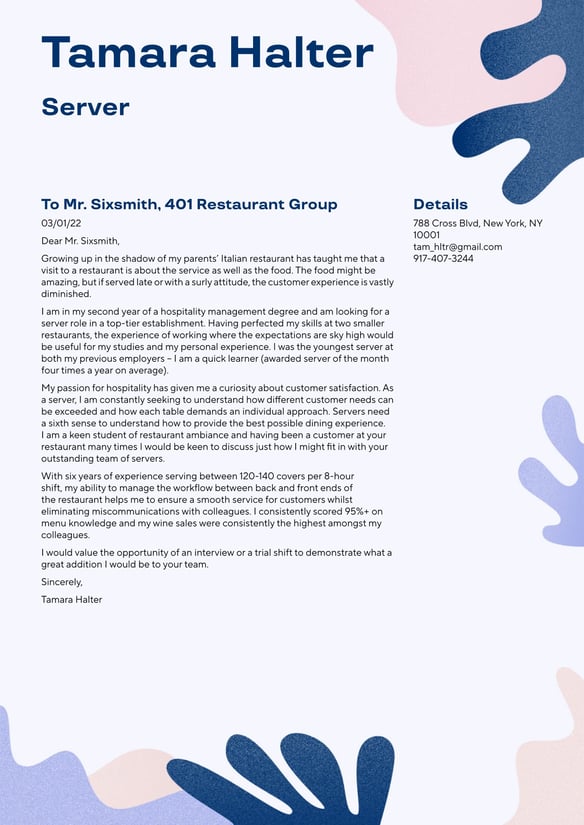 Server  cover_letter example