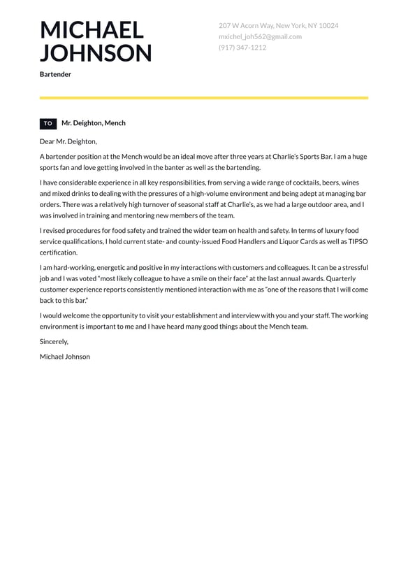 Bartender cover_letter example