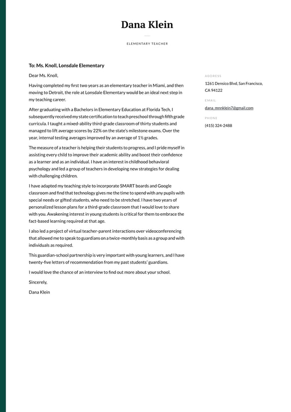 Elementary Teacher cover_letter example